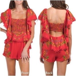 Farm Rio Tropical Romance Red Romper Smocked Chest 1 Piece Coastal Comfy Jumper